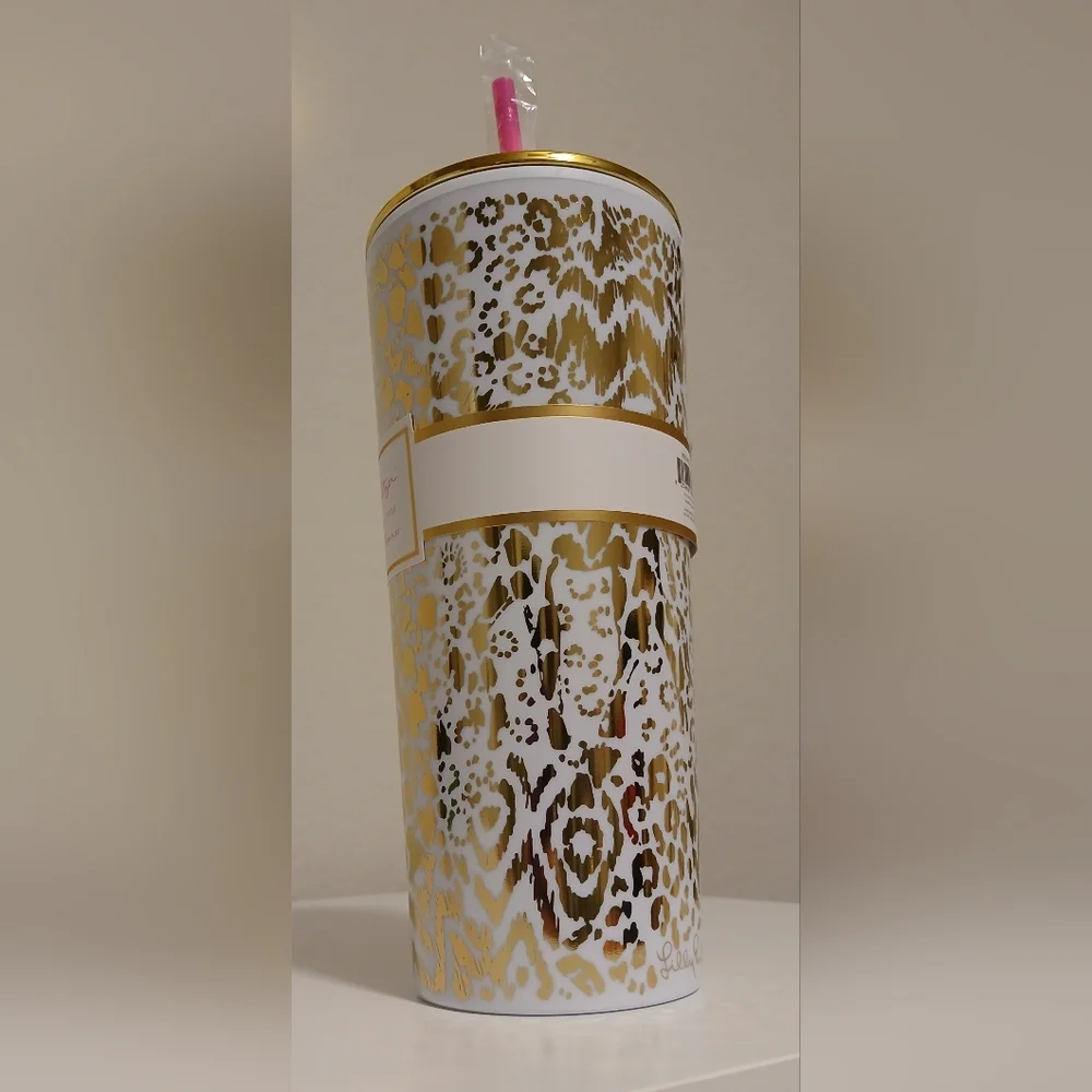 NWT Lilly Pulitzer Gold Leopard Tumbler With Straw
